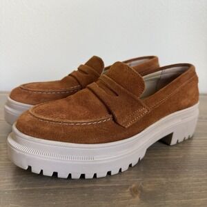 Women's Suede Penny Loafers in Cognac with Chunky Lug Sole